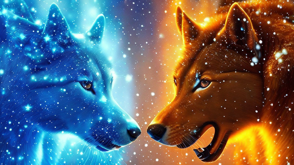 Digital artwork: Two wolves in cosmic setting, one with blue starry aura, the other glowing orange