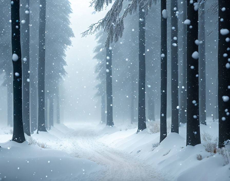 Snowy landscape with winding path through dense forest and falling snowflakes.