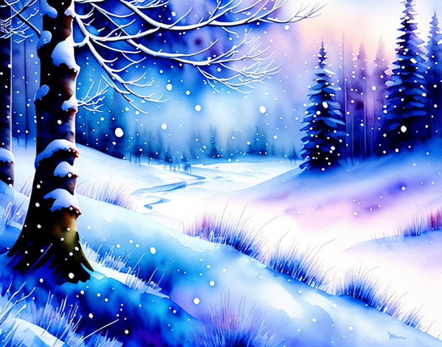 Snowy Trees and Winding Path in Blue and Purple