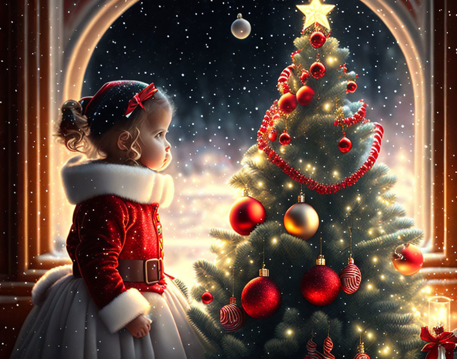 Young girl in red winter coat gazes at decorated Christmas tree in snowy night.