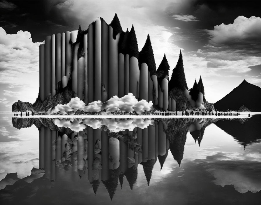 Monochrome surreal landscape with cylindrical rocks and mirrored trees