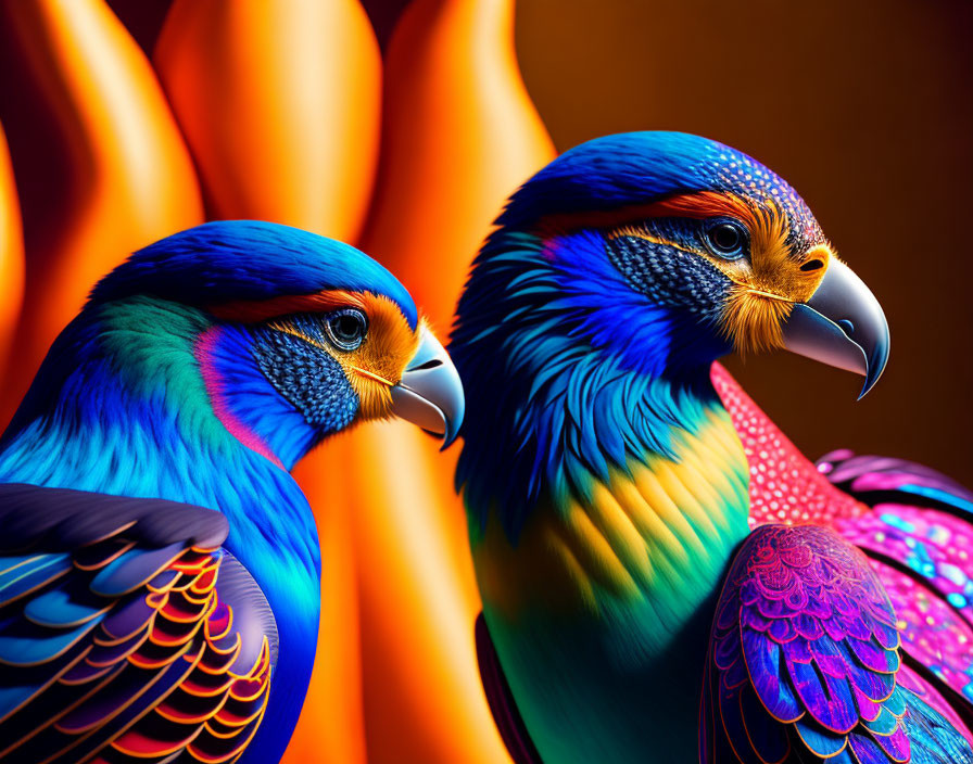 Colorful Illustrated Birds Facing Each Other on Abstract Background