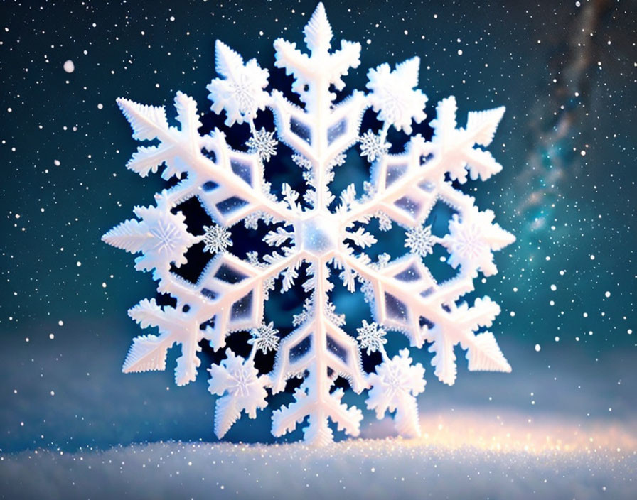 Detailed Large Snowflake on Blurred Blue Background