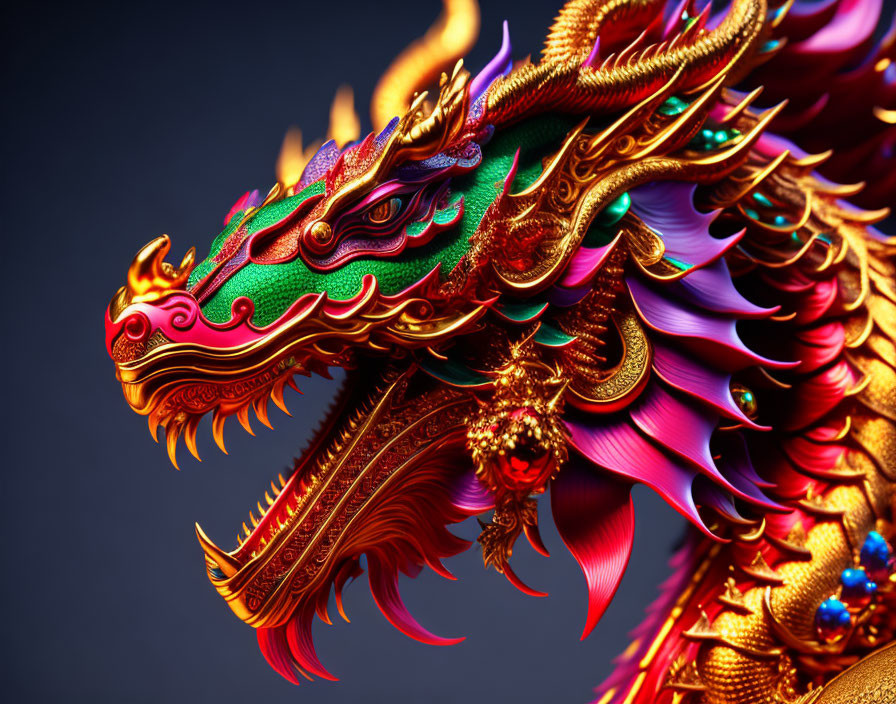 Colorful Chinese Dragon with Gold, Green, and Red Details