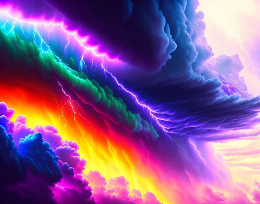 Colorful Clouds with Lightning Strikes in Purple, Blue, and Orange