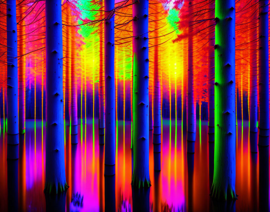 Colorful Psychedelic Forest Reflecting on Water