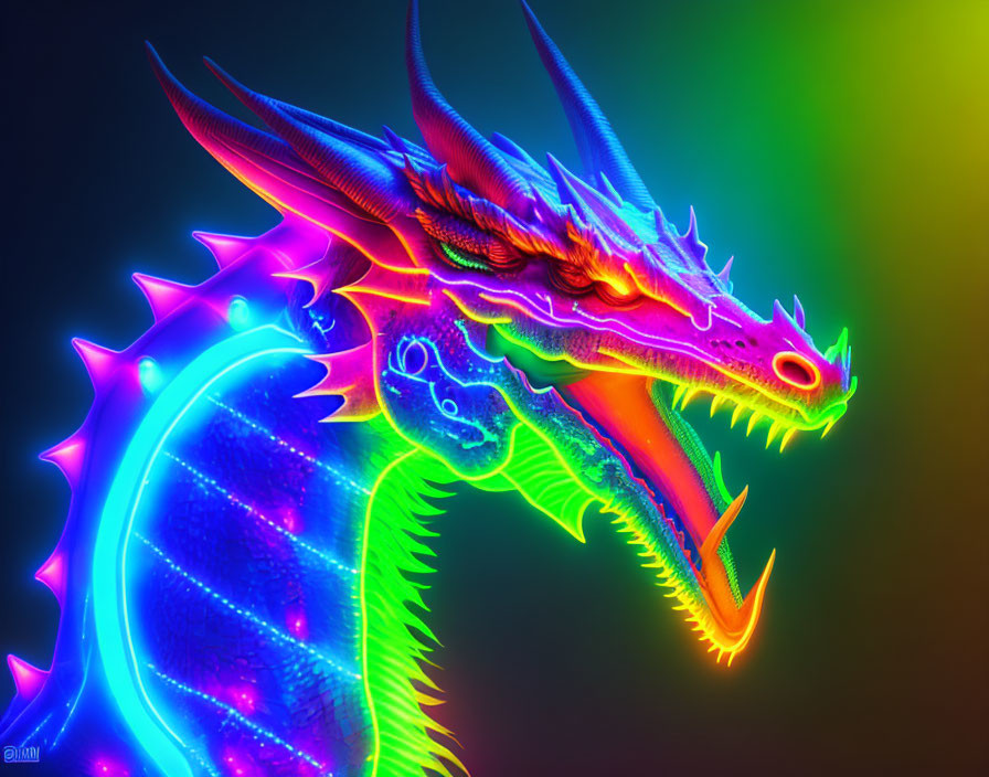 Colorful Neon Dragon Digital Art on Gradient Background