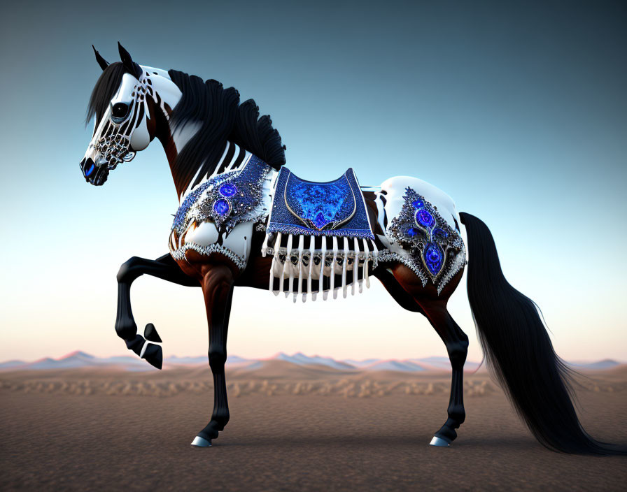 Digital artwork: Horse with ornate saddle in desert