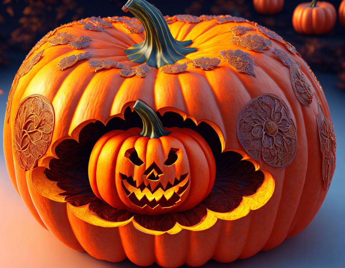 Large Ornate Pumpkin with Intricate Carvings and Sinister Jack-o'-lantern Inside