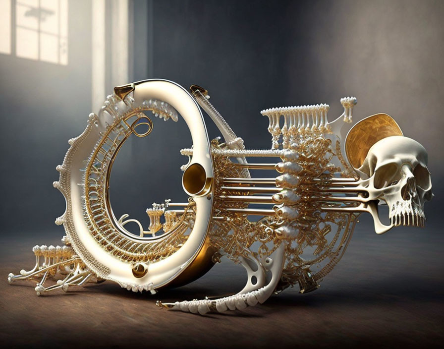 Surreal illustration: Golden French horn with skeletal elements on shadowy backdrop