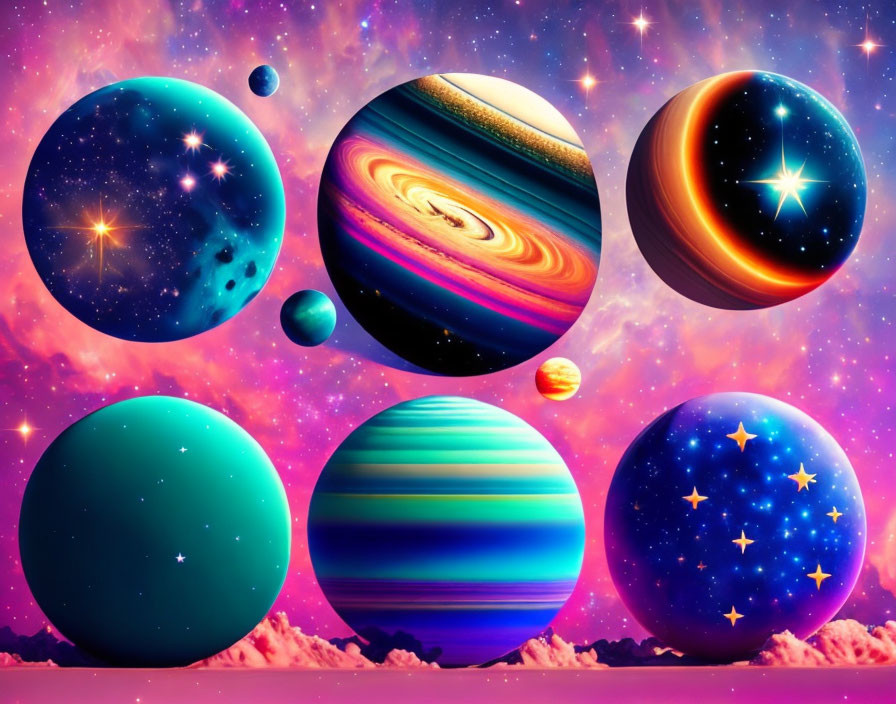 Colorful digital artwork: Stylized planets in cosmic setting