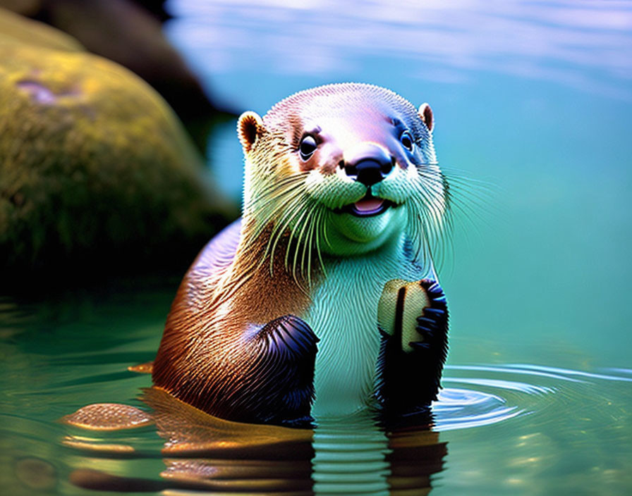 Adorable Otter Floating in Water with Rocks and Greenery