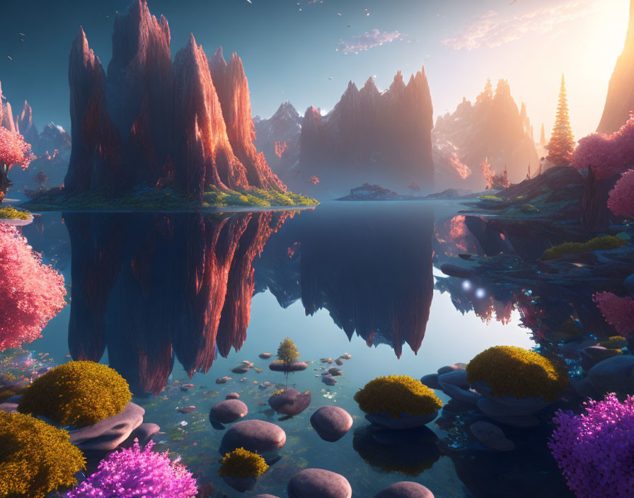 Tranquil fantasy landscape with pink flora, reflective lake, and rock formations