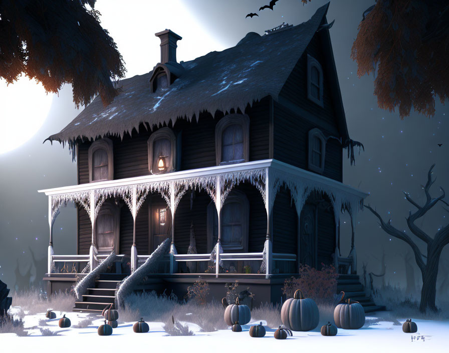 Victorian-style house on snowy night with Halloween decorations