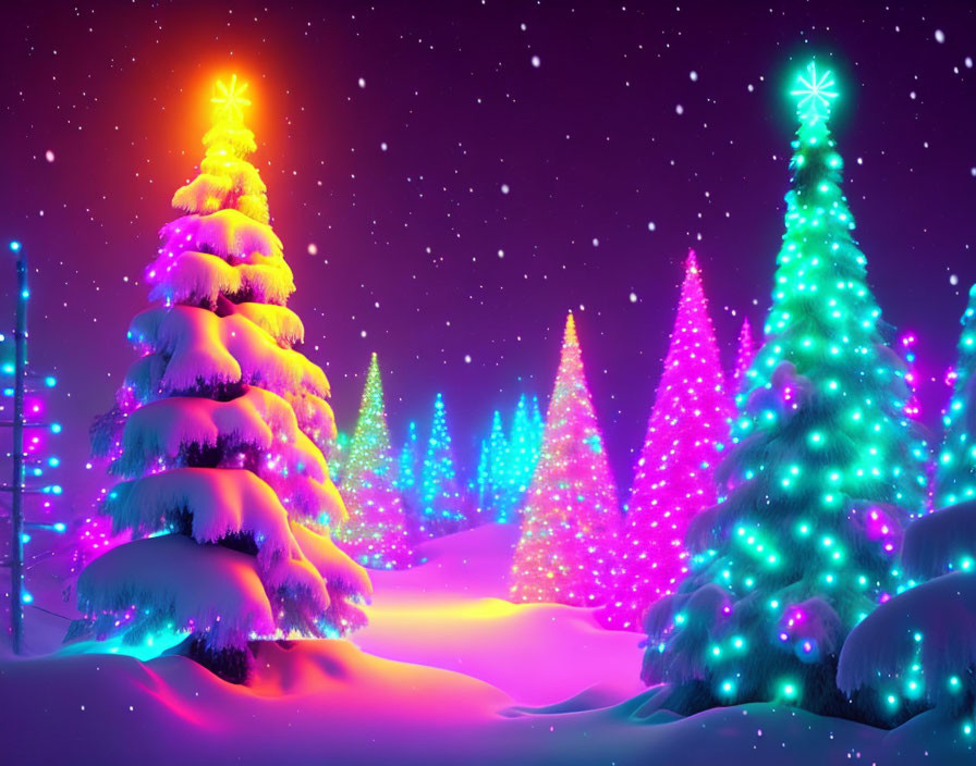 Vibrant Christmas trees in snowy night scene with purple sky.