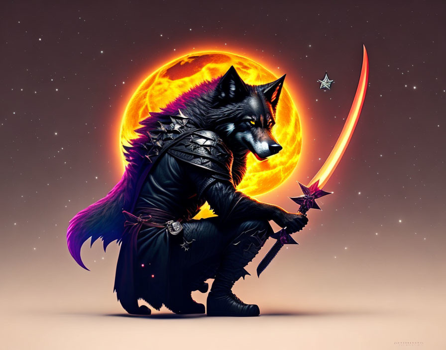 Fantasy wolf in armor with curved sword, eclipse, and stars.