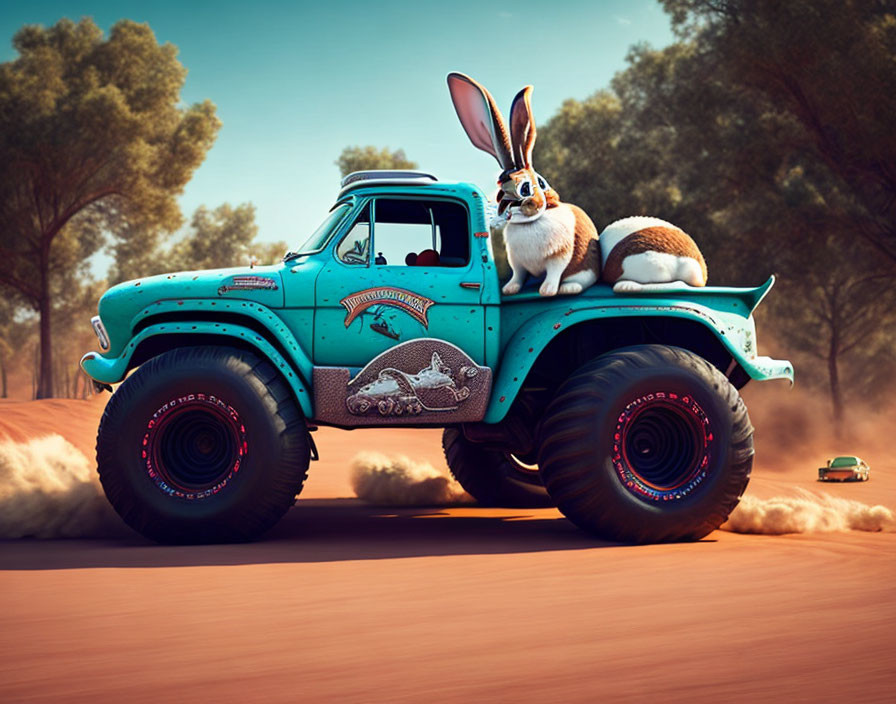 Giant rabbit on vintage turquoise monster truck in dusty red landscape