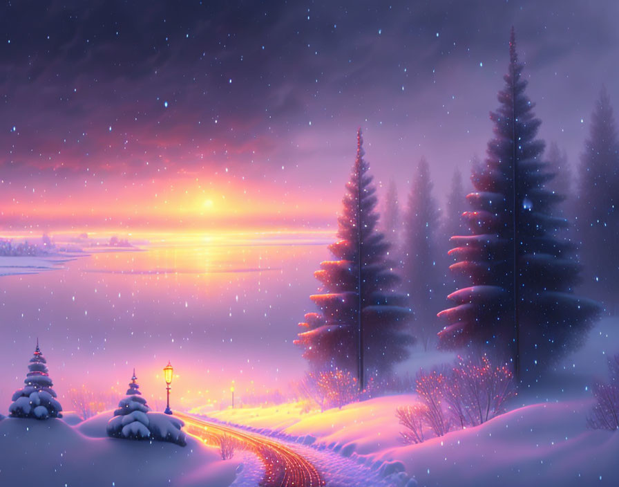 Snowy winter landscape: Twilight scene with tall pine trees, street lamp, falling snowflakes,