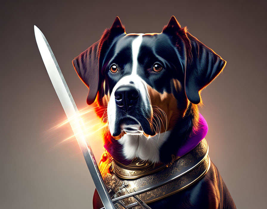 Digital Artwork: Dog in Purple Cloak with Sword