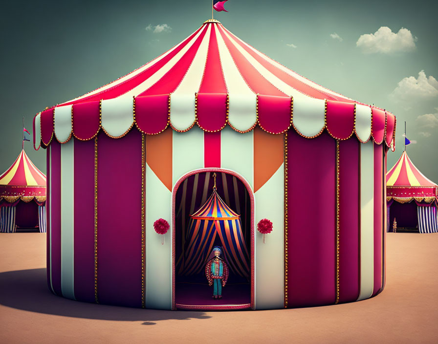 Vibrant circus tent with red and white stripes and purple accents, person at entrance