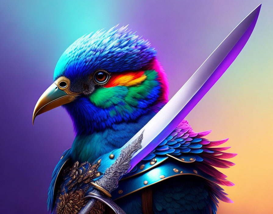 Colorful Bird Illustration with Sword and Armor on Gradient Background