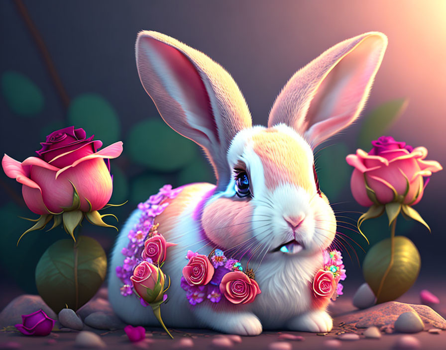 Whimsical white rabbit with vibrant roses in dreamlike setting