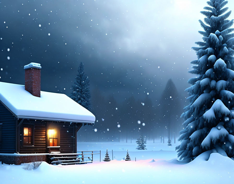 Snowy landscape: Cozy cabin, glowing windows, tall pine tree, snowfall