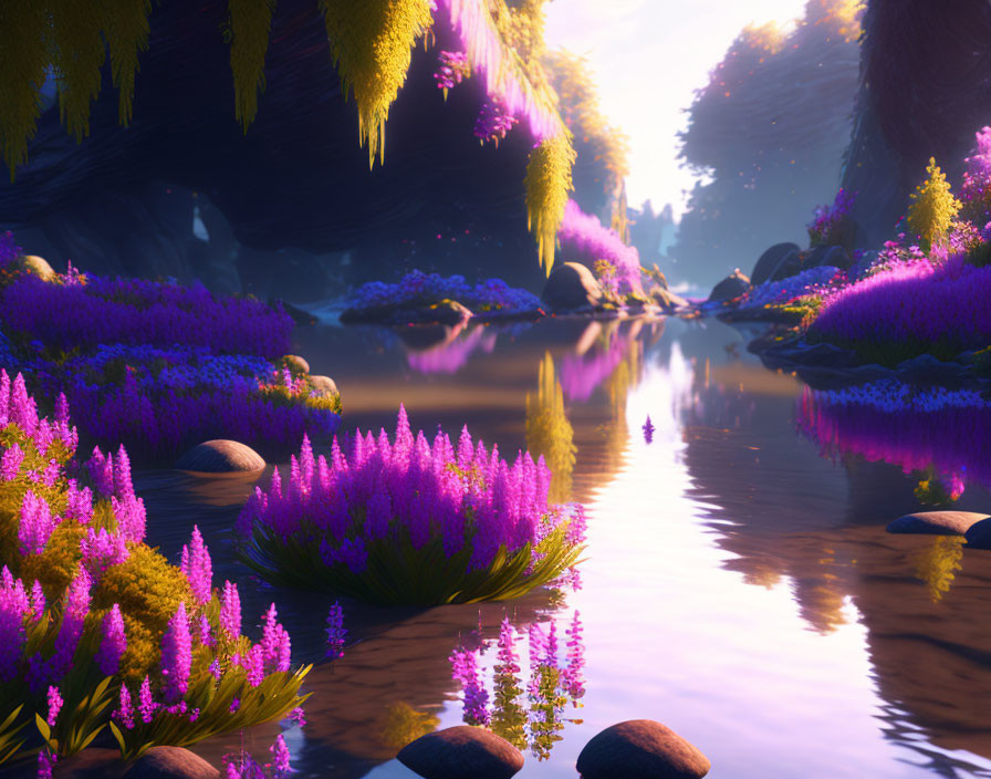 Mystical landscape with vibrant purple and yellow flora by tranquil river