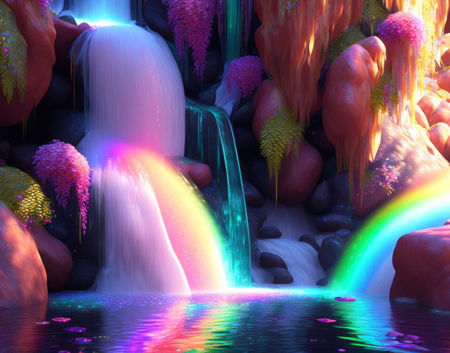 Colorful Fantasy Waterfall Surrounded by Magical Flora