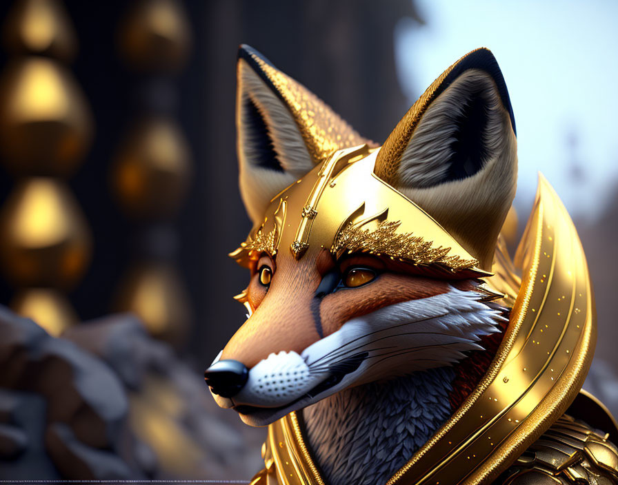 Detailed digital artwork: Fox in ornate golden armor and leaf motif helmet on blurred background