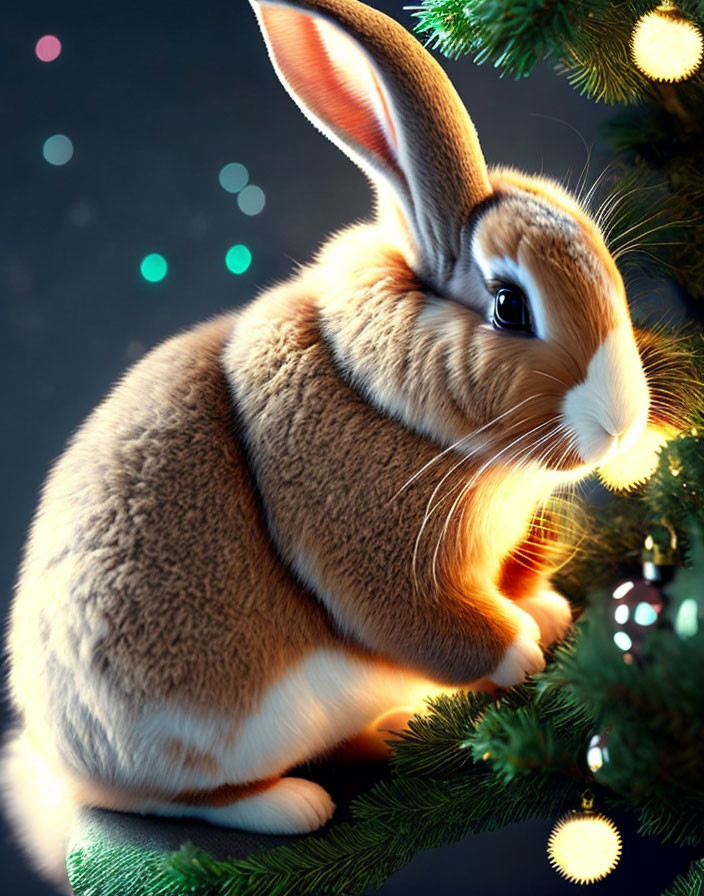 Brown and White Rabbit by Christmas Tree with Bokeh Background