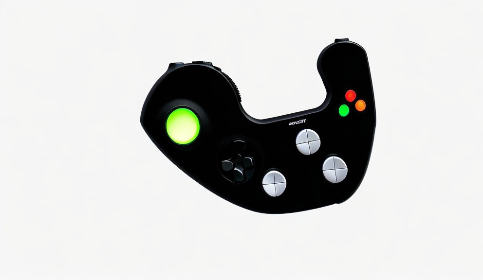 Black Wing-Shaped Game Controller with Green Analog Stick and Colored Buttons