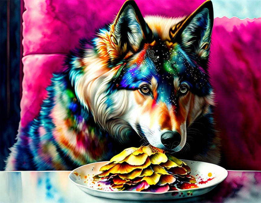 Vibrant psychedelic dog portrait with cosmic pattern and pancakes on pink background