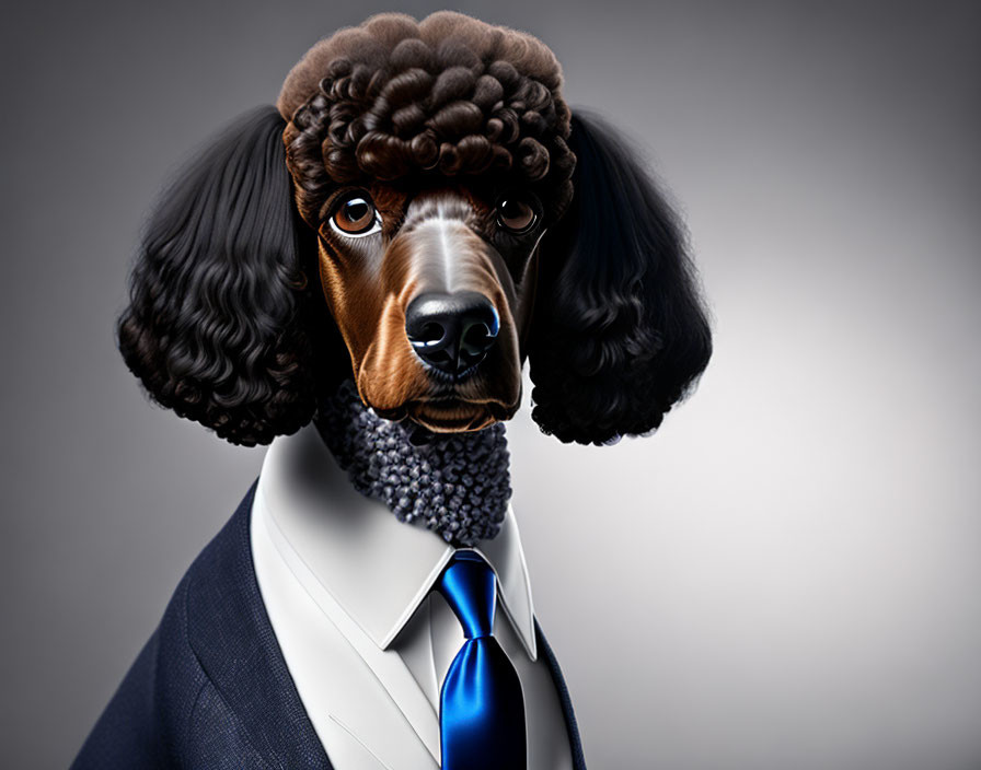 Dog with human-like body in suit and tie, detailed fur and expressive eyes.