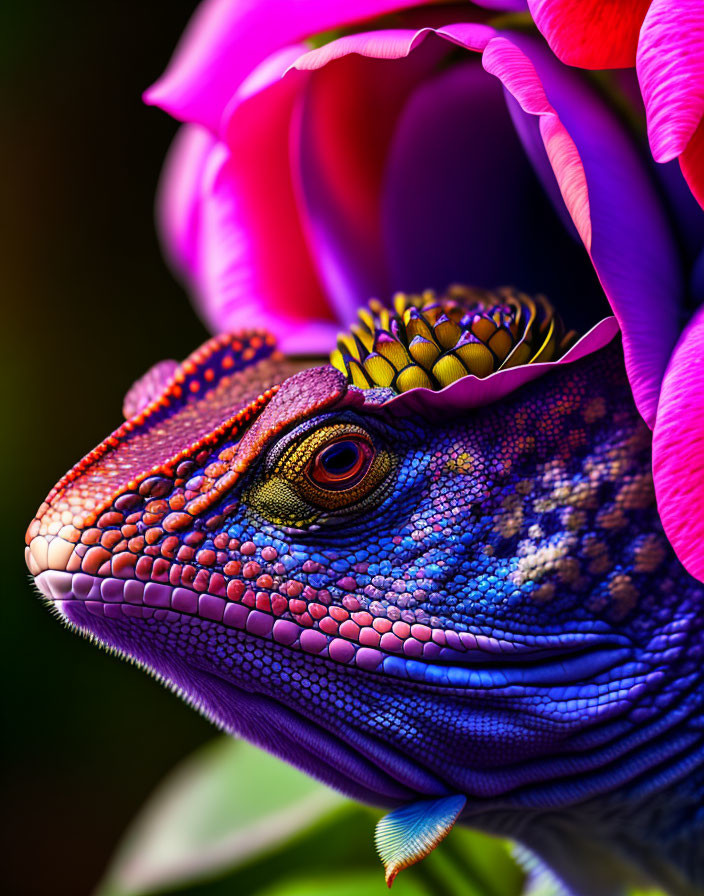 Colorful lizard among pink and purple flower petals with intricate scales.