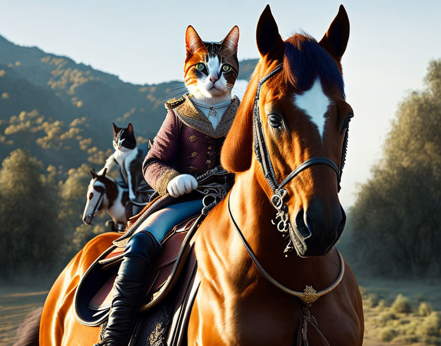 Digital artwork: Cats with human bodies in historical attire riding horses in a scenic landscape