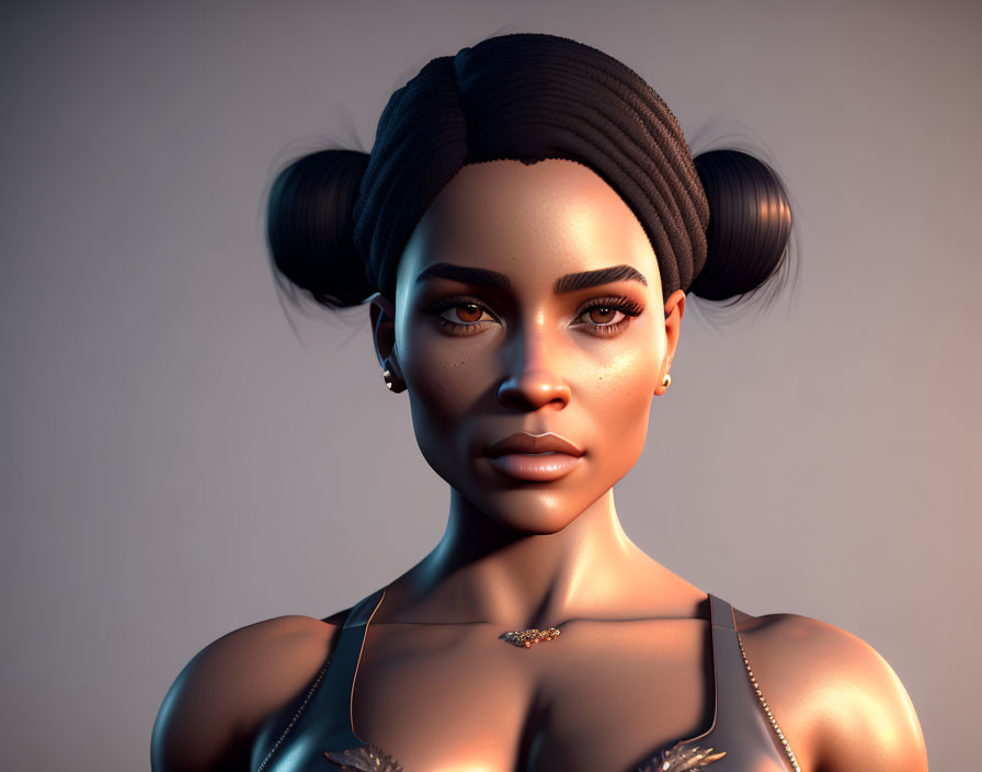 Dark-skinned female 3D rendering with twin buns and expressive eyes