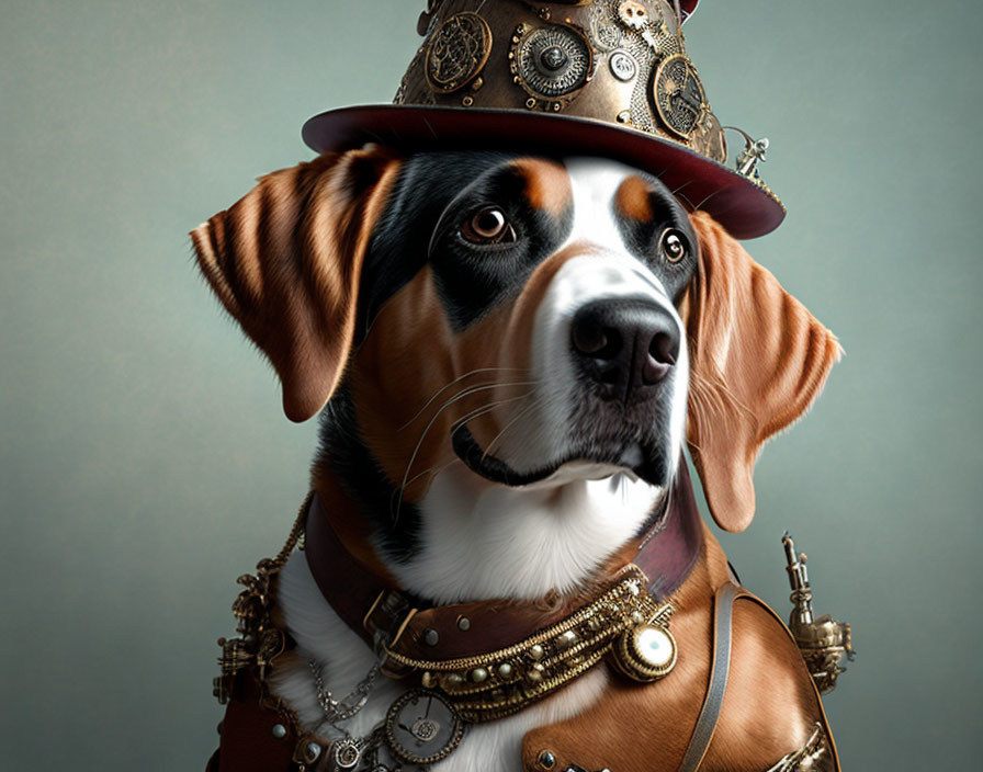 Steampunk-themed dog wearing digital outfit with mechanical accessories