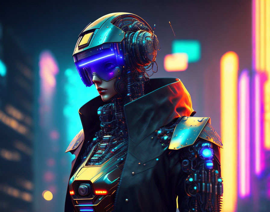 Futuristic female android with glowing neon visor in city lights