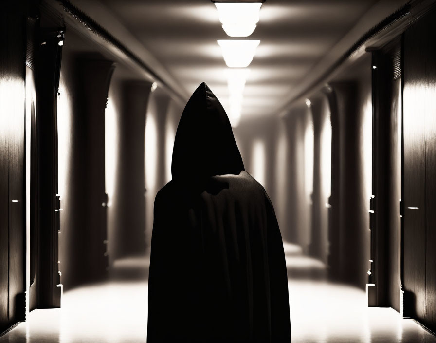 Cloaked figure in dimly lit hallway under overhead lights