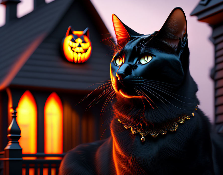 Black Cat with Golden Collar in Halloween Decor Scene at Dusk