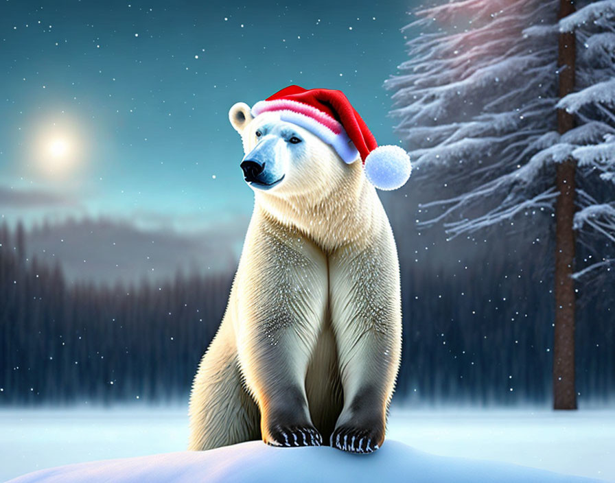 Polar bear in Santa hat on snowy landscape with wintry trees