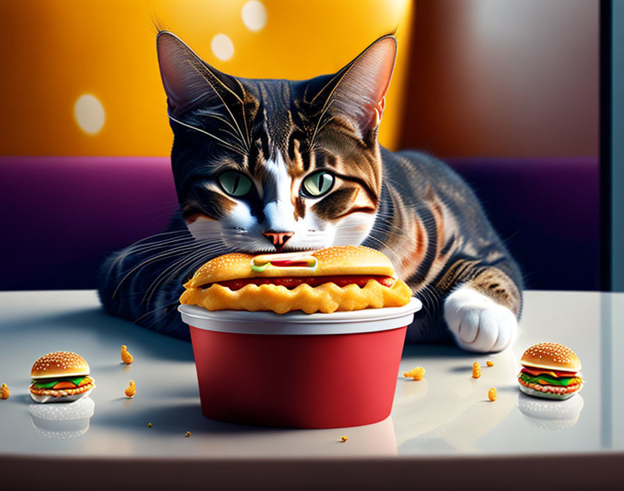 Whimsical tabby cat with burger in red bowl on purple and yellow backdrop