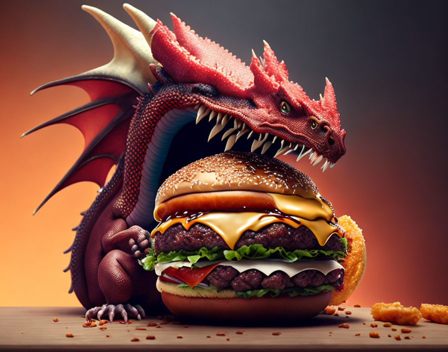 Red dragon guarding stacked cheeseburger in warm background