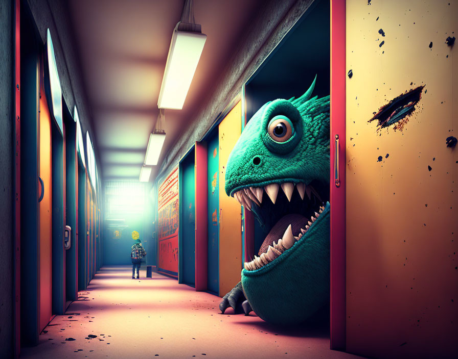 Large Green Monster Peeking Out of School Locker with Surprised Child