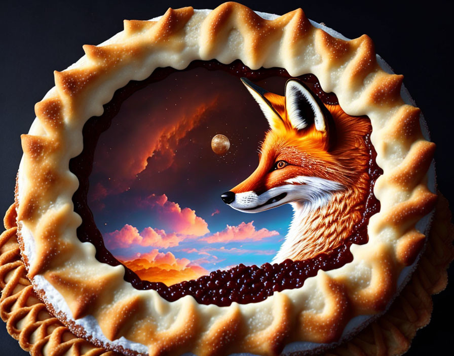 Intricately designed fox face crust on colorful sunset pie