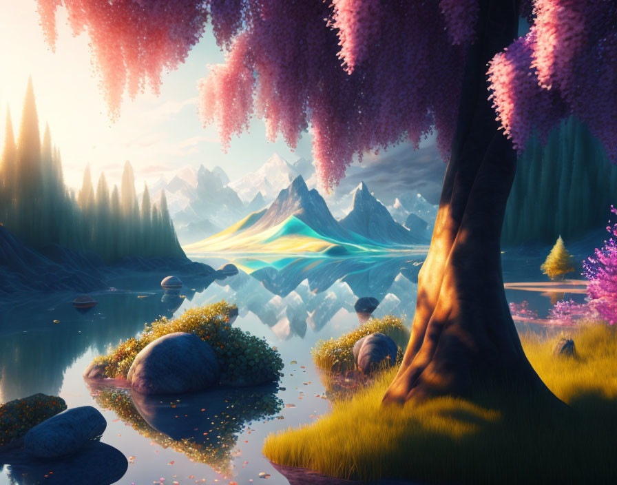 Colorful Trees and Peaceful Lake in Fantastical Landscape