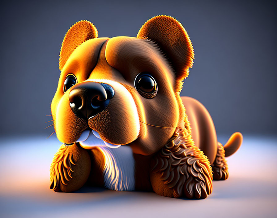 Brown puppy 3D illustration with expressive eyes on blue background