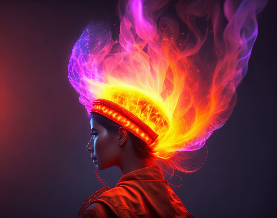 Fiery colorful digital effect profile against dark background