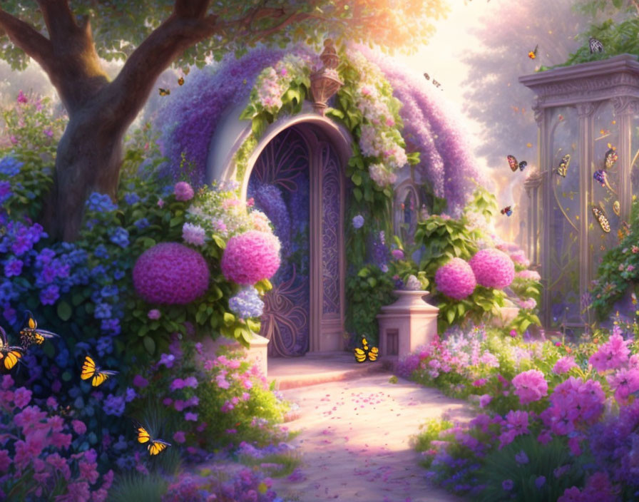 Lush garden with vibrant flowers, mystical door, butterflies, and tranquil ambiance